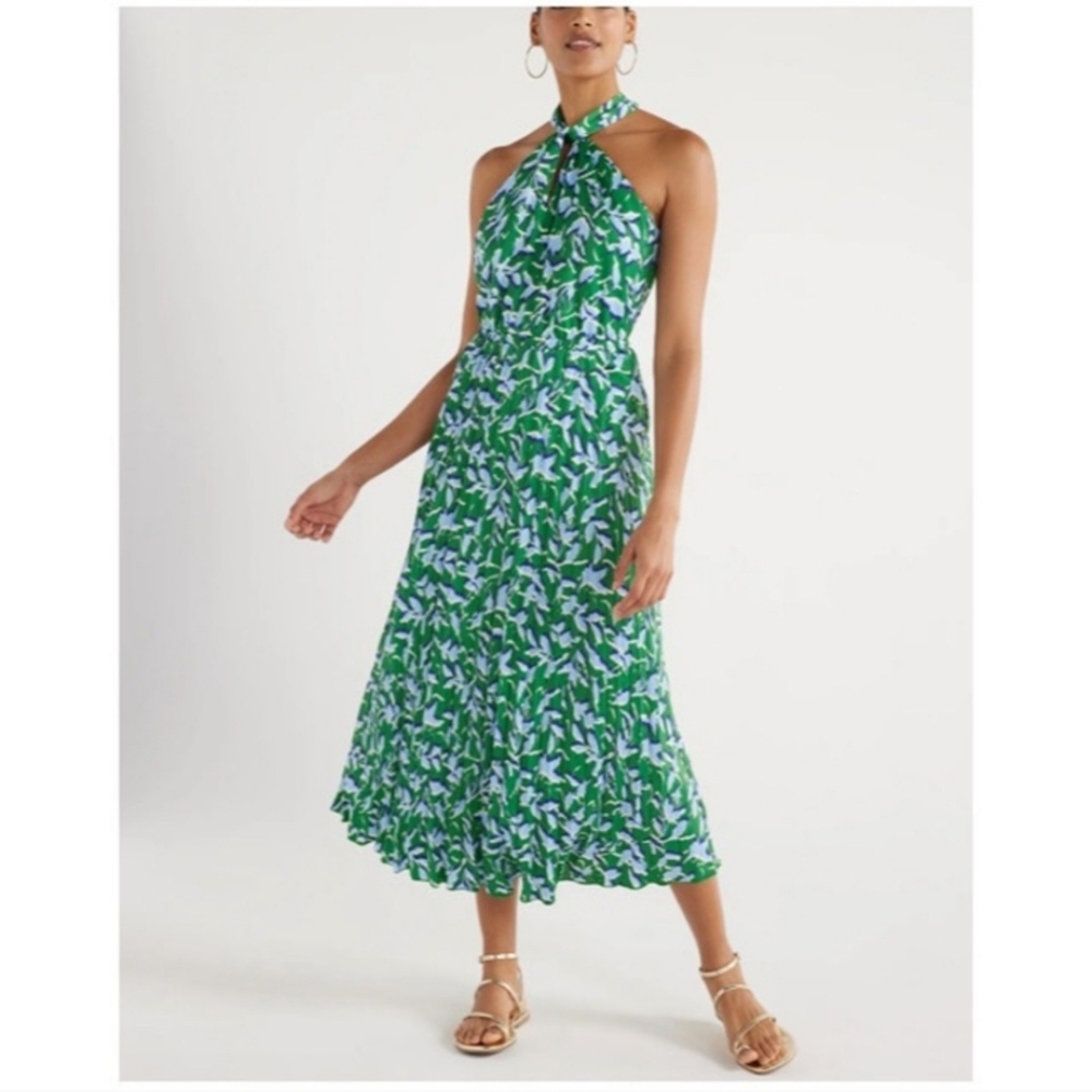 NWT SCOOP WOMEN’S KEYHOLE GREEN BLUE HALTER NECK DRESS SIZE L